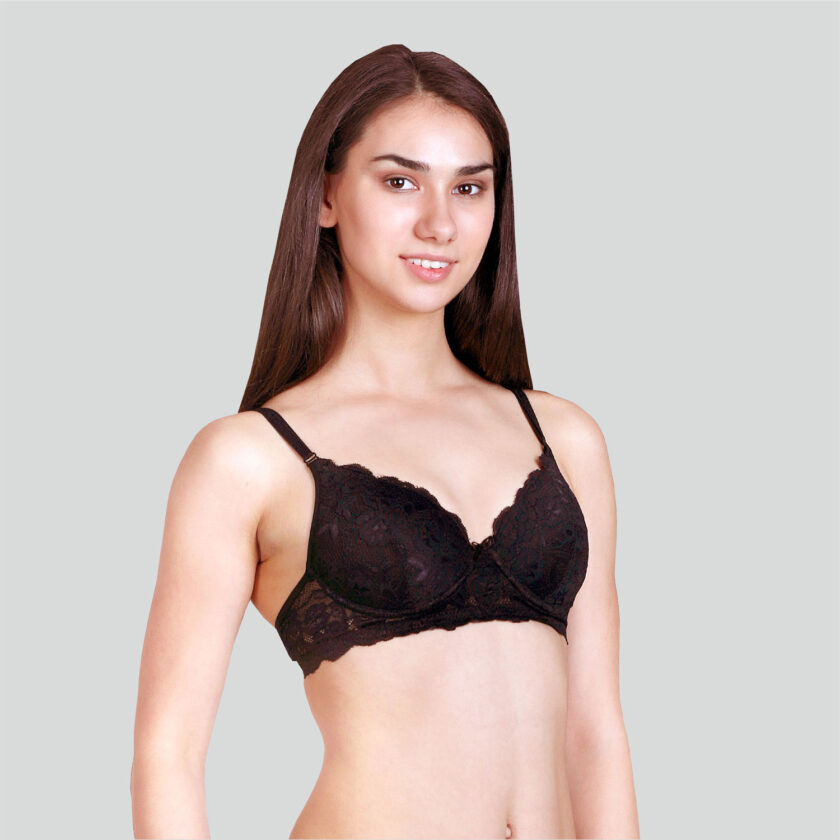 Lace Padded Non Wired 3/4th Coverage Lace Bra Black